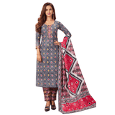 Grey Block Print U  Neck Kurti Pant and Dupatta Set